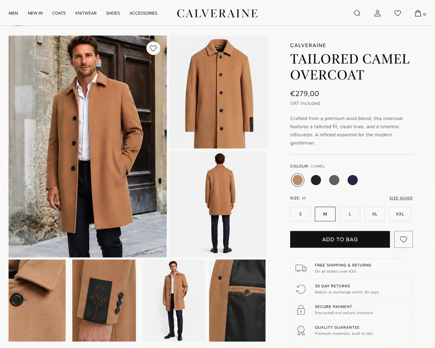 AI e-commerce — wool coat PDP listing layout, Filmatix