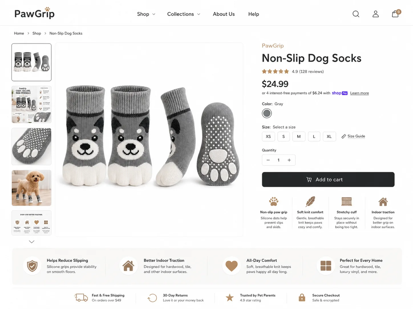 AI e-commerce — PawGrip dog socks PDP hero, Filmatix