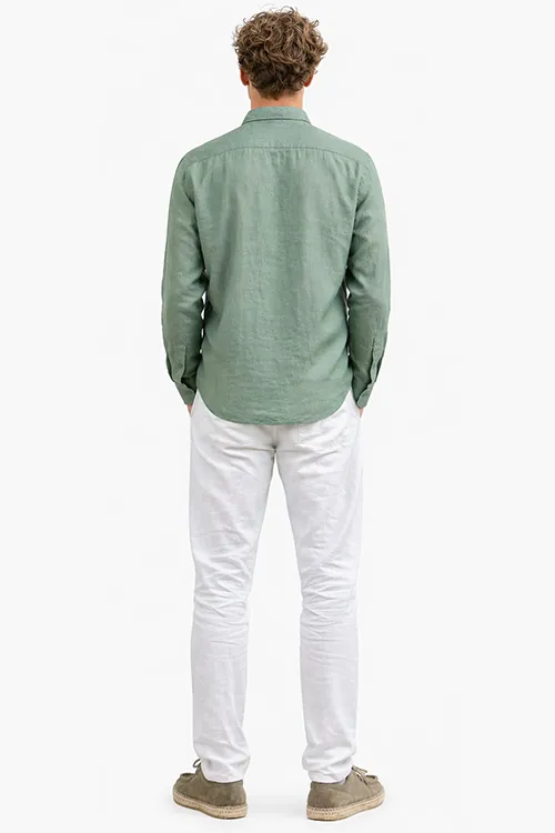 AI on-model e-commerce — Fred in green shirt, back view, Filmatix