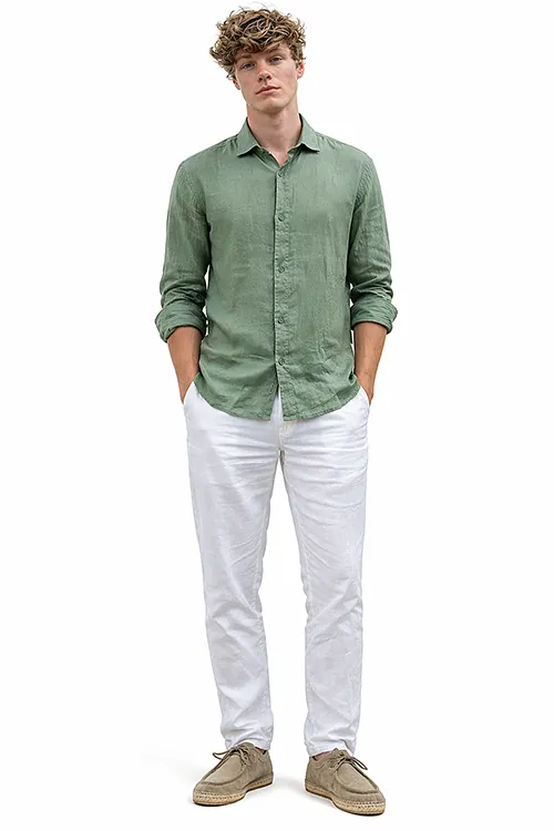 AI on-model e-commerce — Fred in green shirt, front view, Filmatix