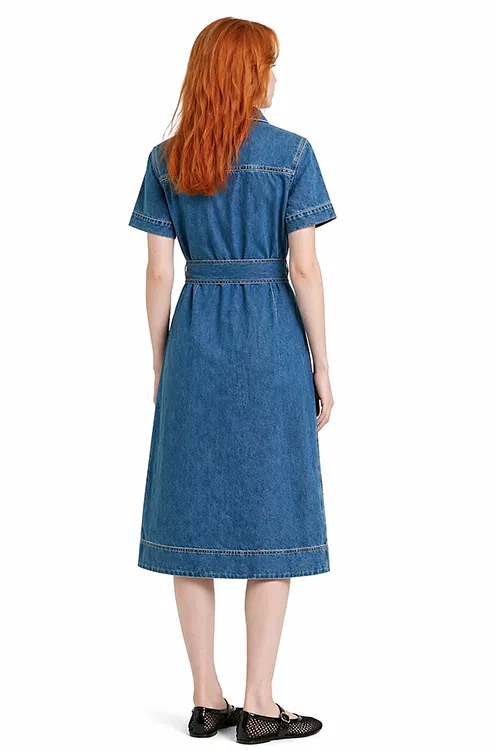 AI on-model e-commerce — Mia in denim dress, back view, Filmatix