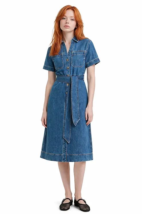AI on-model e-commerce — Mia in denim dress, front view, Filmatix