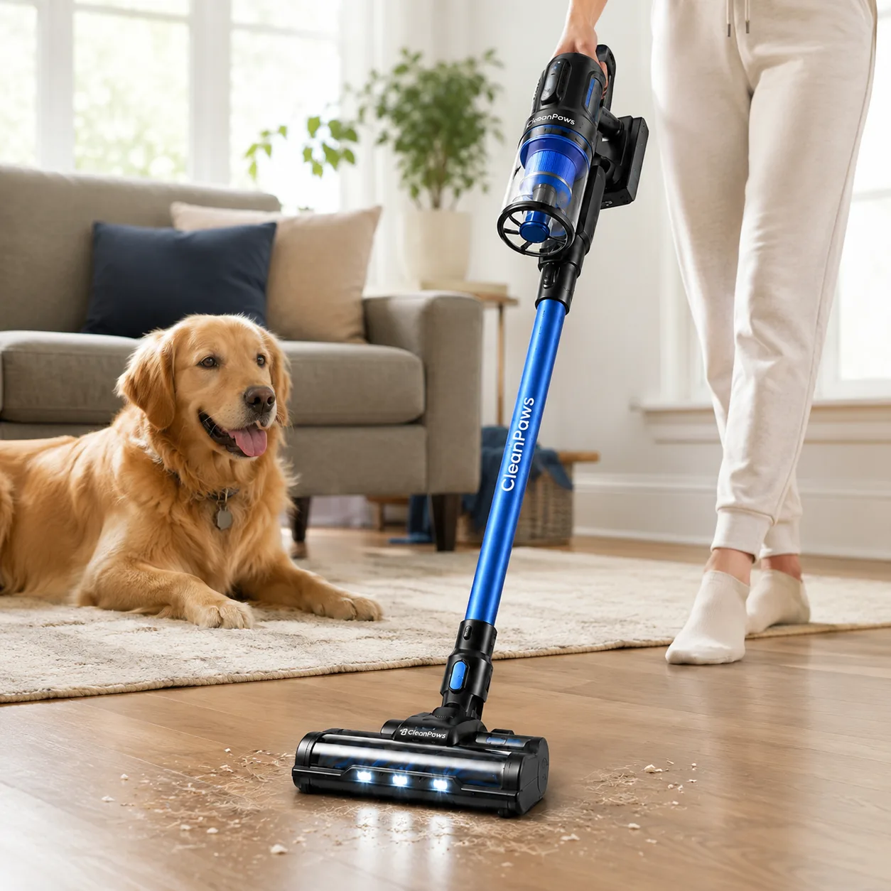 CleanPaws vacuum in living room with golden retriever