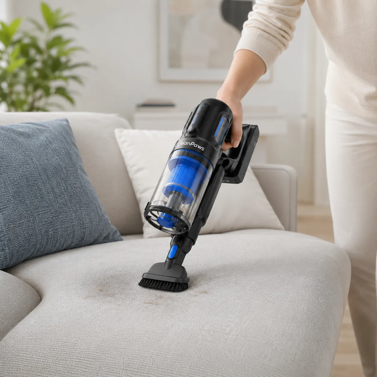CleanPaws vacuum brush head close-up on hardwood floor