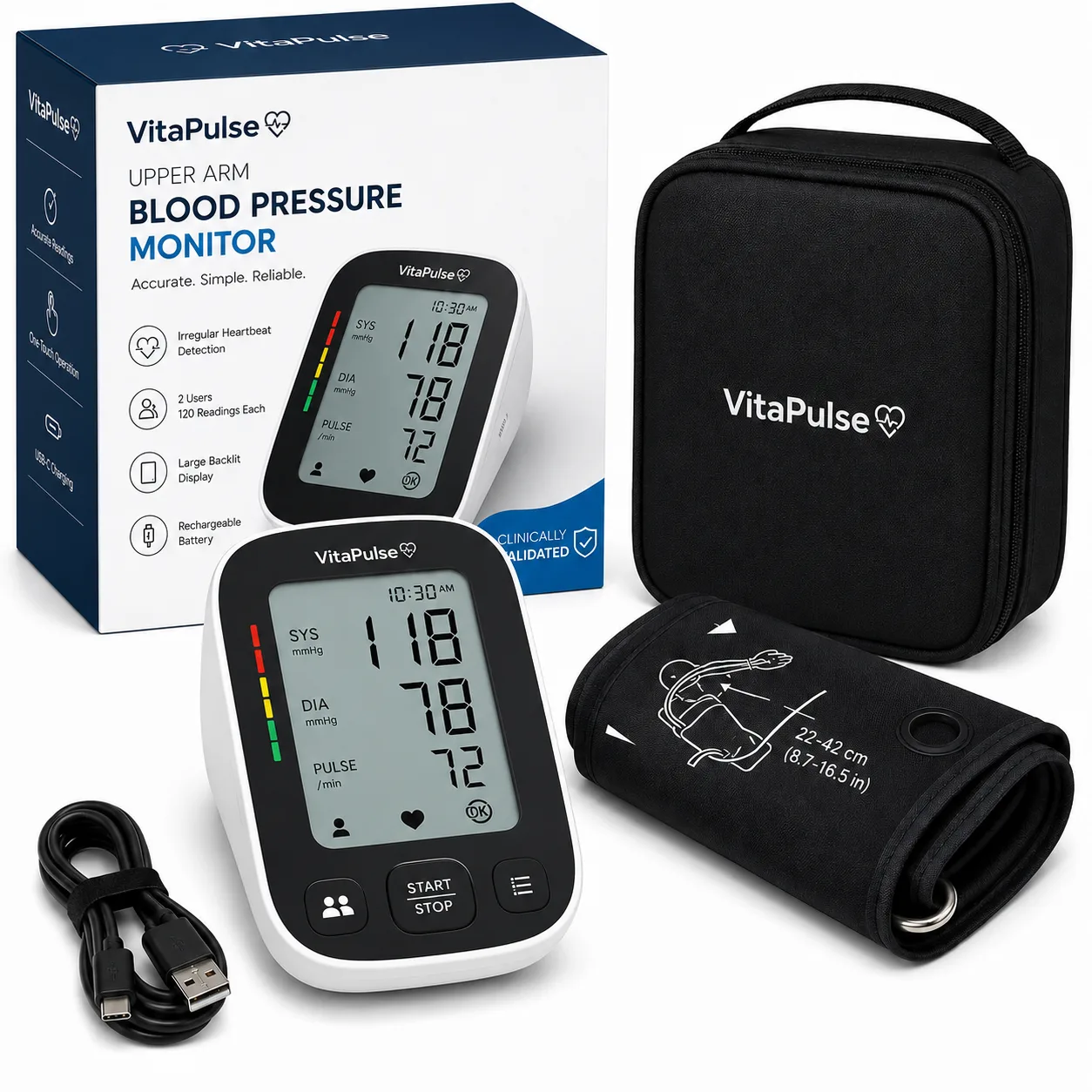 AI e-commerce — VitaPulse blood pressure monitor PDP hero, Filmatix