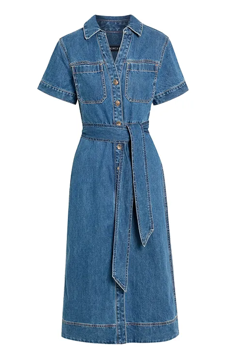 AI e-commerce — denim dress product shot, front view, Filmatix studio