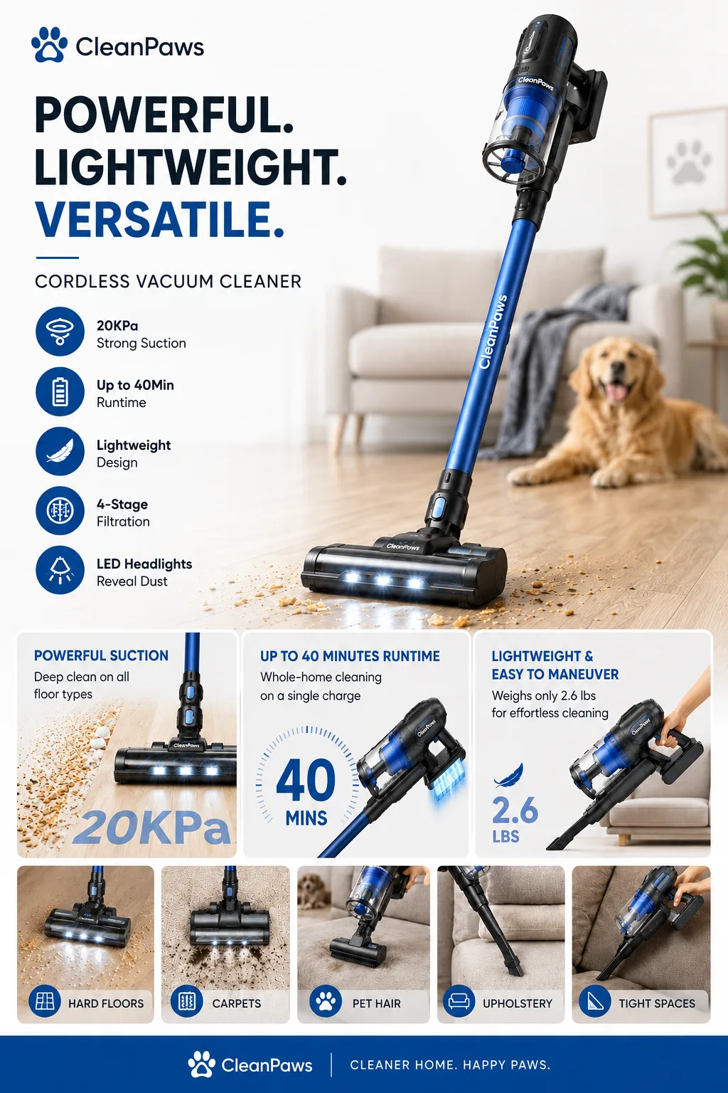 AI e-commerce — CleanPaws cordless vacuum product detail page, Filmatix studio