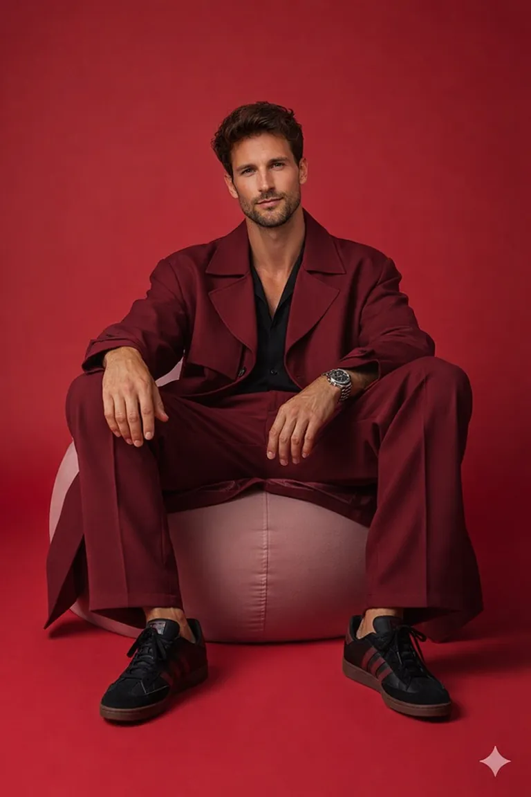 AI fashion editorial — burgundy suit menswear shot, art-directed by Filmatix