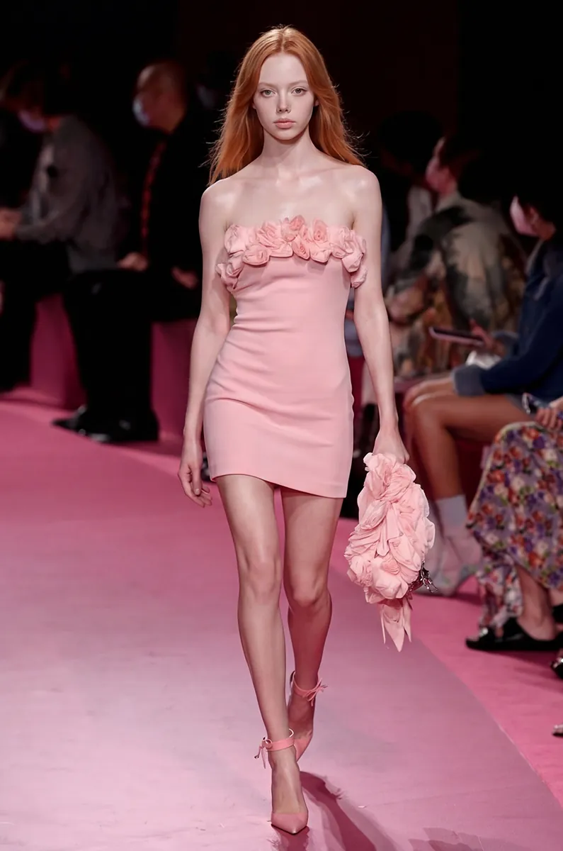 AI fashion runway — model Mia in editorial walk, art-directed by Filmatix
