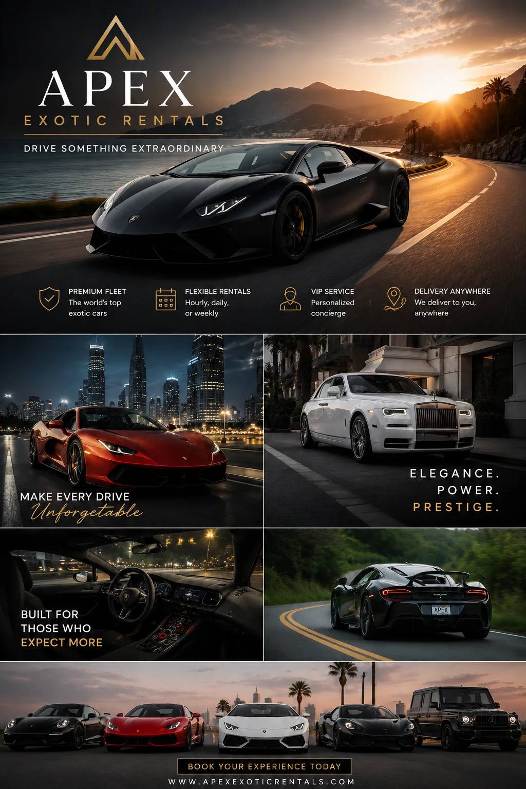 AI marketing — Apex Exotic Rentals brand print piece, Filmatix studio