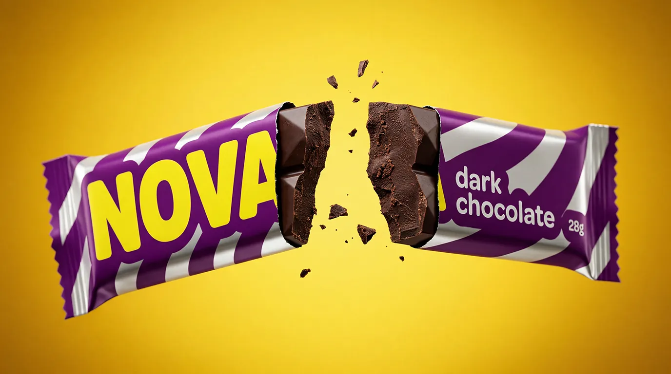 AI Nova chocolate bar advertising still — confectionery commercial frame by Filmatix